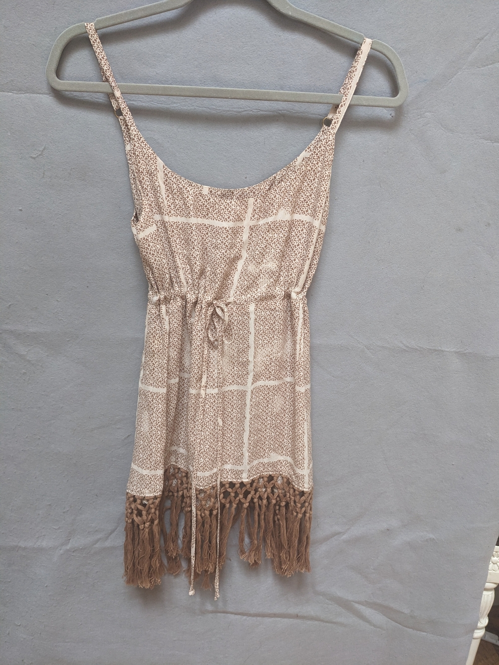 CAbi Beige and Brown Fringe Mini Dress